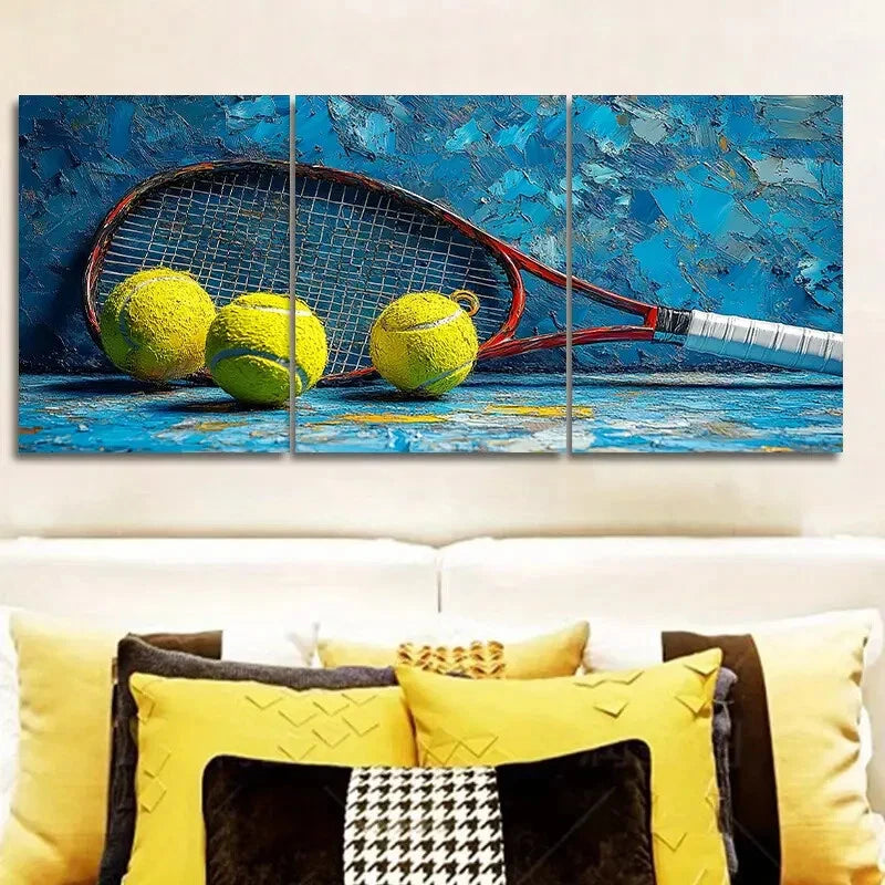 3pcs Tennis Balls and Racket Set Metal Print Ready to Hang Art