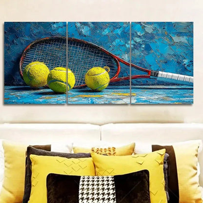 3pcs Tennis Balls and Racket Set Metal Print Ready to Hang Art