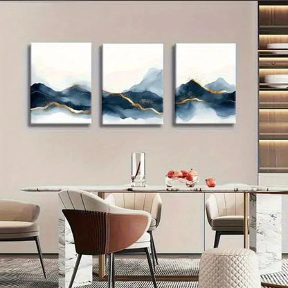 3pcs Blue Watercolor Peaks & Misty Horizon Metal Print Ready to Hang Art