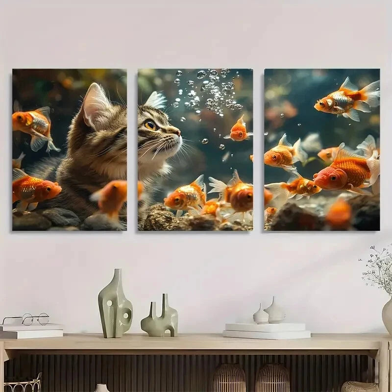 3pcs Curious Cat & Colorful Goldfish Aquarium Metal Print Ready to Hang Art