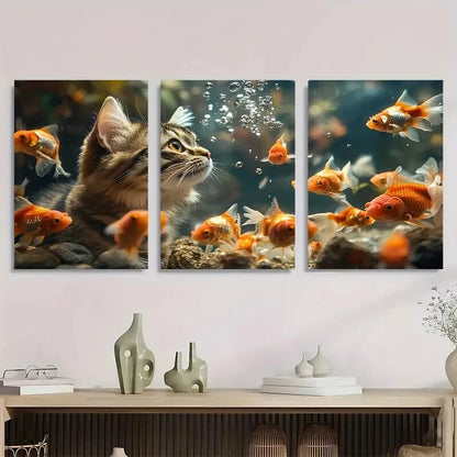 3pcs Curious Cat & Colorful Goldfish Aquarium Metal Print Ready to Hang Art