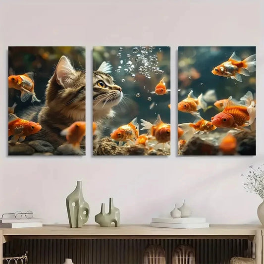 3pcs Curious Cat & Colorful Goldfish Aquarium Metal Print Ready to Hang Art