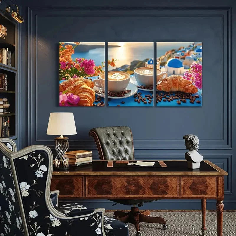 3pcs Coffee Croissant Floral Mediterranean View Metal Print Ready to Hang Art