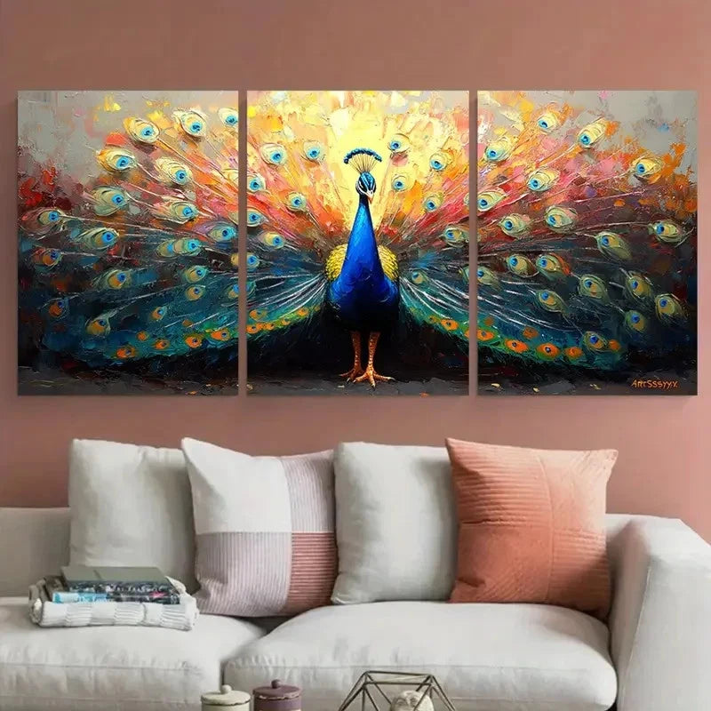 3pcs Enchanting Peacock Bird Impasto Design Wall Art Set Canvas Framed 50x70cm - High Quality Print 100% Australian Made Wall Canvas Ready to Hang