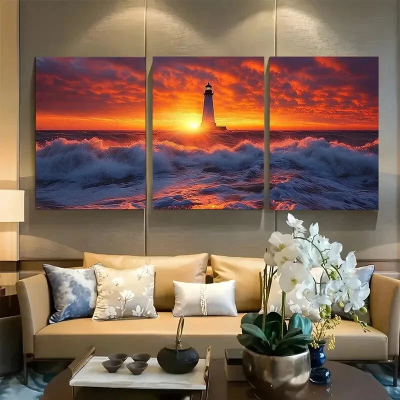 3pcs Vibrant Colorful Ocean Lighthouse Metal Print Ready to Hang Art