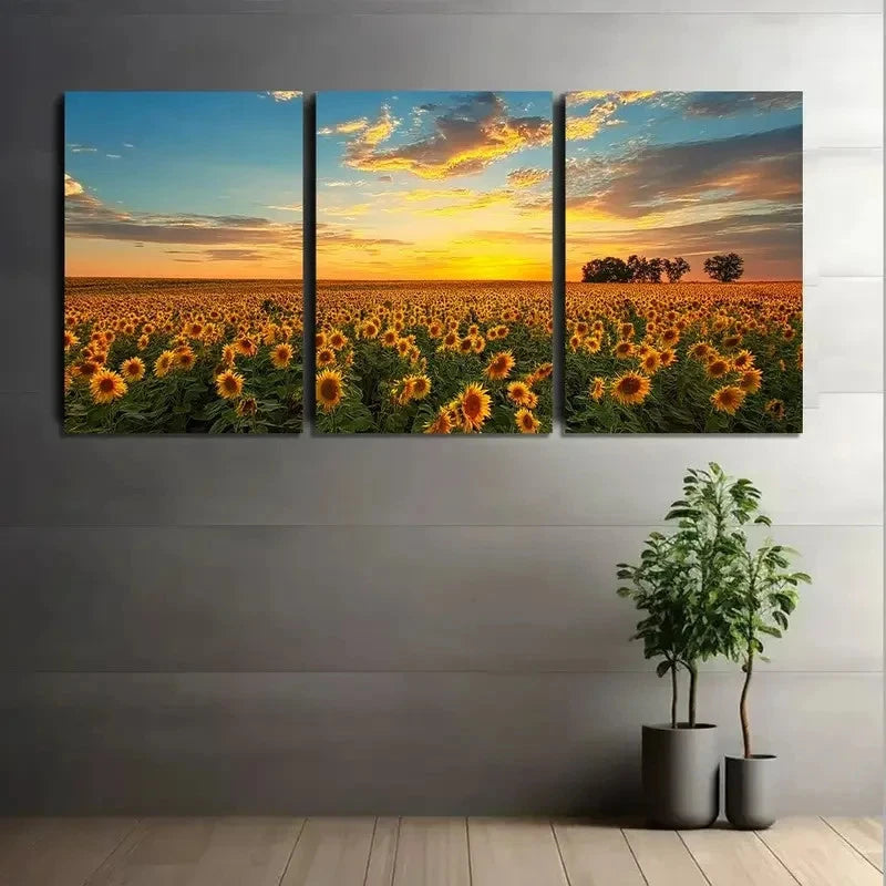 3pcs Vibrant Field of Sunflowers Under Sunset Metal Print Ready to Hang Art