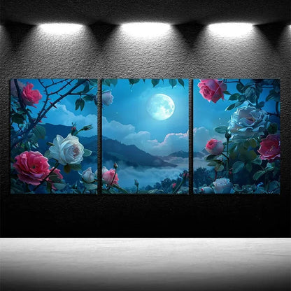 3pcs Beautiful Roses and Moon Night Design Metal Print Ready to Hang Art