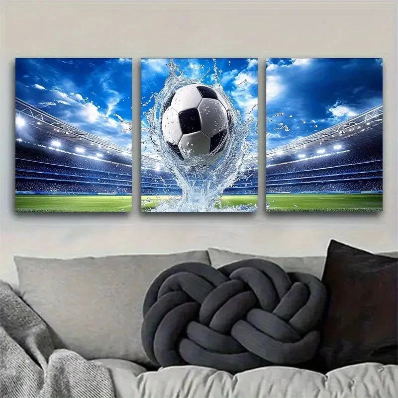 3pcs Stadium Soccer Splash Dynamic Sports Metal Print Ready to Hang Art
