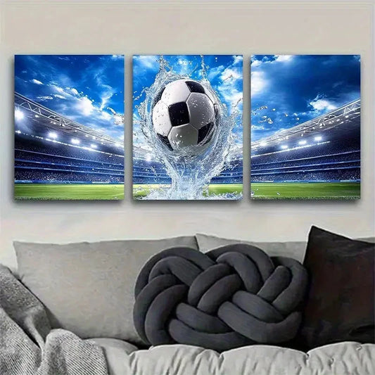 3pcs Stadium Soccer Splash Dynamic Sports Metal Print Ready to Hang Art