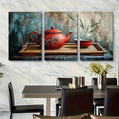 3pcs Red Tea Art Print Clay Teapot Dragon Motifs Metal Print Ready to Hang Art