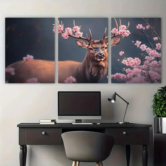 3pcs Deer Stag with Antlers Decorated with Florals Metal Print Ready to Hang Art