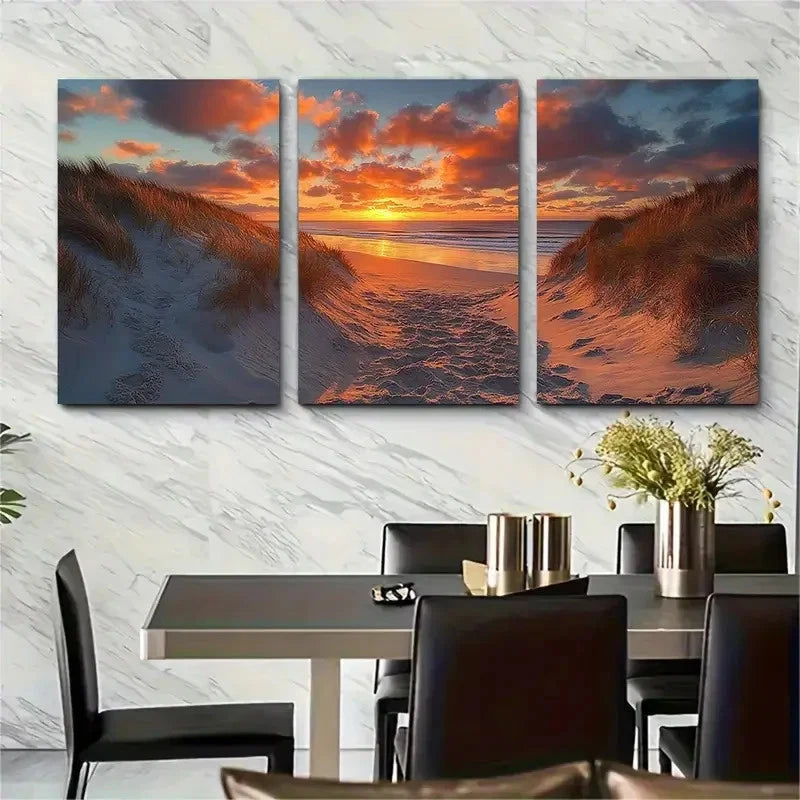 3pcs Crantock Beach Sunset Sand Dunes Wall Art Set Canvas Framed 60x90cm - High Quality Print 100% Australian Made Wall Canvas Ready to Hang
