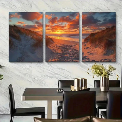 3pcs Crantock Beach Sunset Sand Dunes Wall Art Set Canvas Framed 60x90cm - High Quality Print 100% Australian Made Wall Canvas Ready to Hang