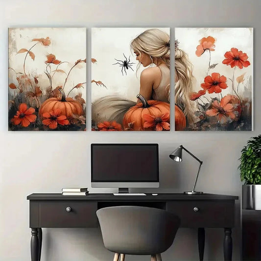 3pcs Autumn Floral Pumpkin Spider Women Metal Print Ready to Hang Art