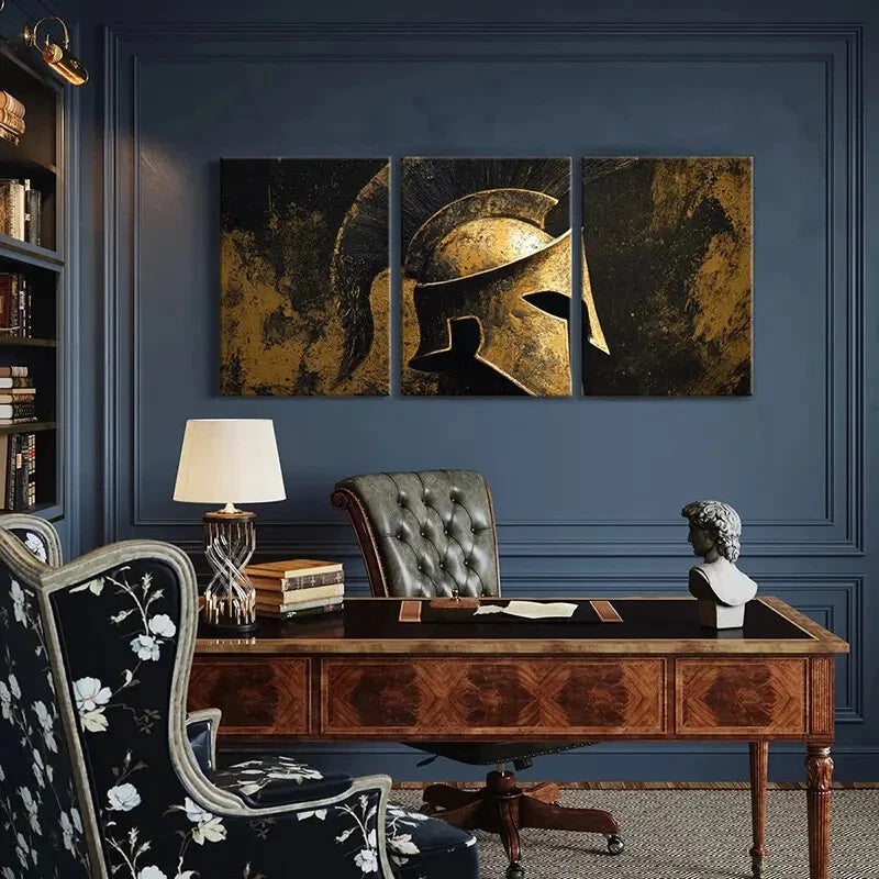3pcs Ancient Greek Helmet Art Golden Warrior Metal Print Ready to Hang Art