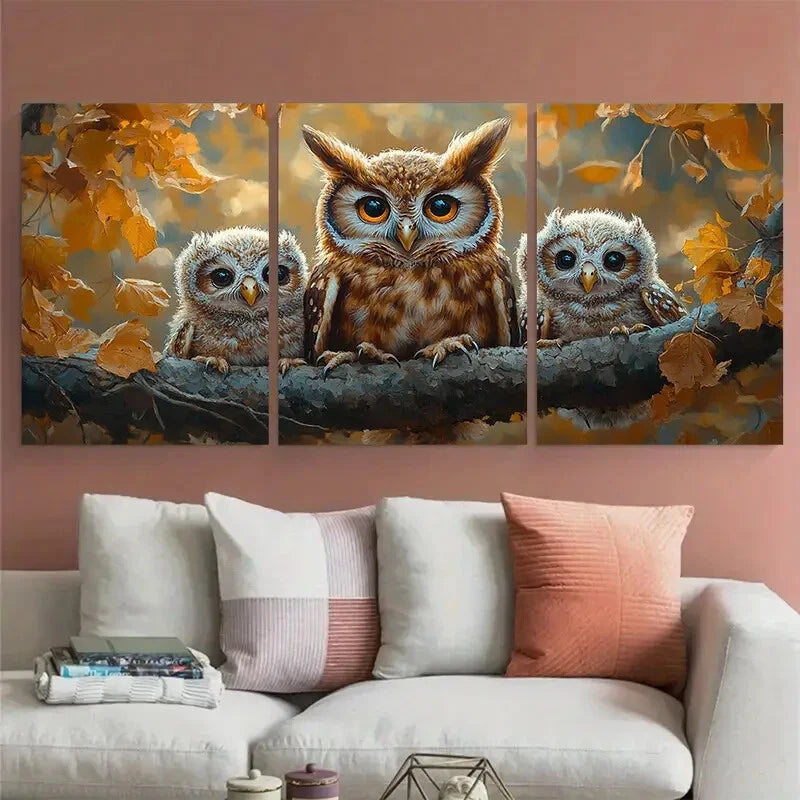 3pcs Adorable Baby Owl Family On Branch Metal Print Ready to Hang Art