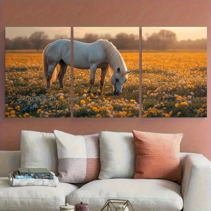 3pcs White Brown Horses Grazing in Spring Meadow Metal Print Ready to Hang Art