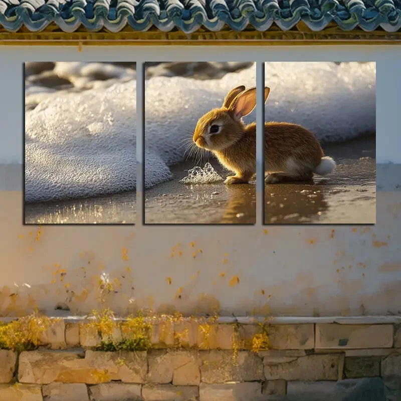 3pcs Cute Rabbit Beach Scene Metal Print Ready to Hang Art
