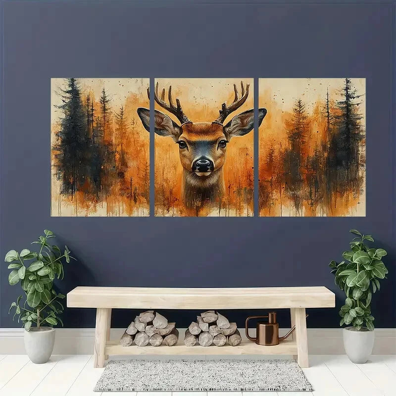 3pcs Forest Wildlife Paintings with Earthy Tones Metal Print Ready to Hang Art