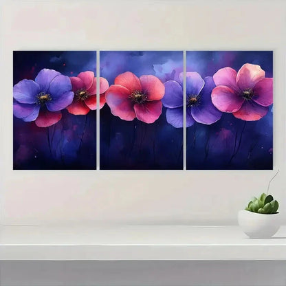3pcs Vibrant Purple & Pink Floral Abstract Metal Print Ready to Hang Art
