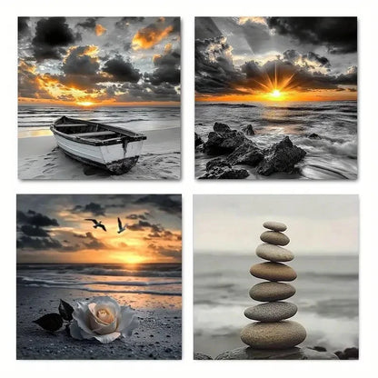 4pcs Ocean View Prints With Boat, Flowers & Ston Wall Art Canvas Framed