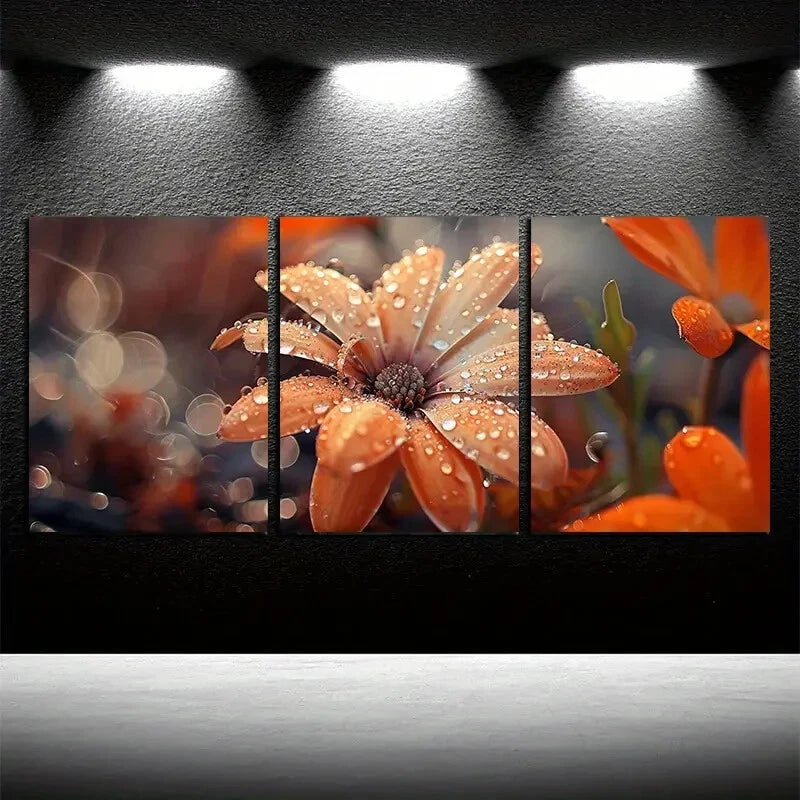3pcs Charming Blooming Flowers with Water Droplets Metal Print Ready to Hang Art