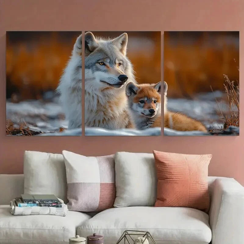 3pcs Arctic Wolf Mother & Pup Wildlife Photography Metal Print Ready to Hang Art