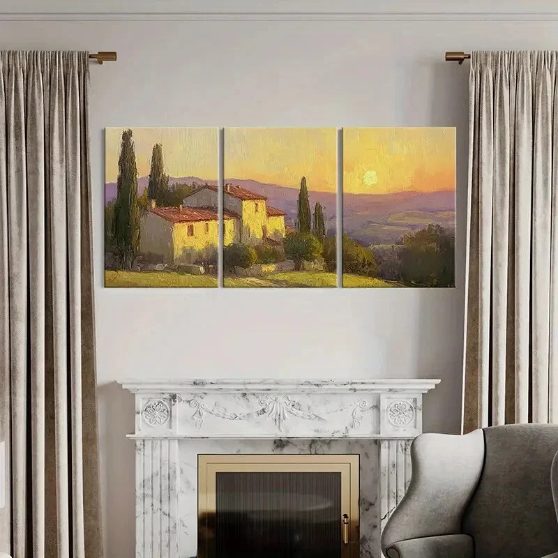 3pcs Tuscan Villa Sunset Landscape Warm Colors Metal Print Ready to Hang Art