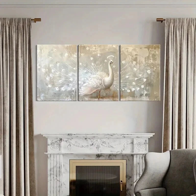 3pcs Elegant White Peacock Art Abstract Feather Metal Print Ready to Hang Art