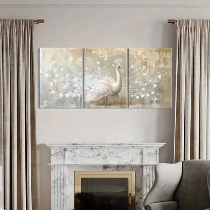 3pcs Elegant White Peacock Art Abstract Feather Metal Print Ready to Hang Art