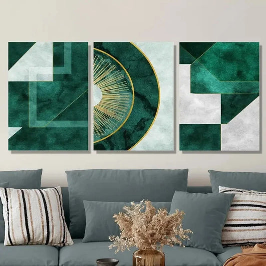 3pcs Emerald Green and Golden Metal Print Ready to Hang Art