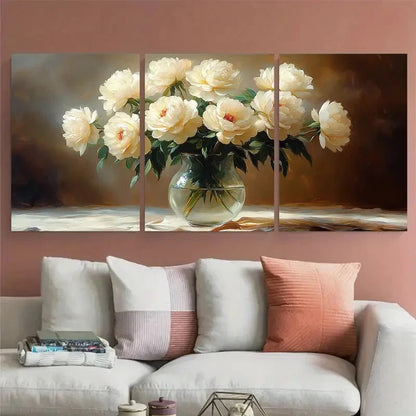 3pcs White Roses Peonies Flowers in a Glass Vase Wall Art Set Canvas Framed 50x70cm - High Quality Print 100% Australian Made Wall Canvas Ready to Hang