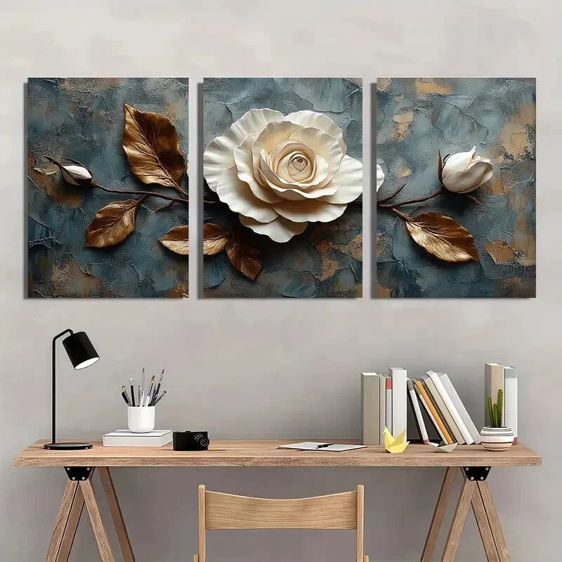 3pcs Modern Beige Flower Golden Leaves & Roses Metal Print Ready to Hang Art