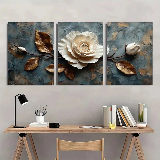 3pcs Modern Beige Flower Golden Leaves & Roses Metal Print Ready to Hang Art