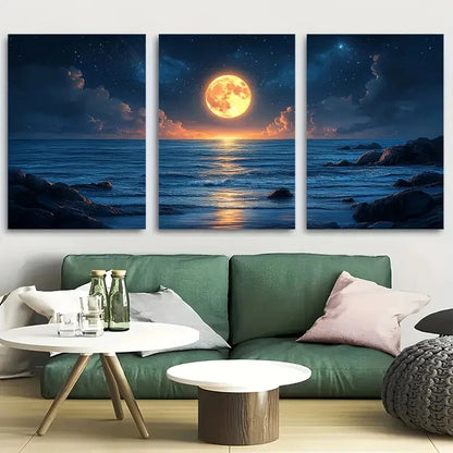 3pcs Celestial Wonder Full Moon & Starry Night Sky Metal Print Ready to Hang Art