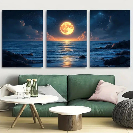 3pcs Celestial Wonder Full Moon & Starry Night Sky Metal Print Ready to Hang Art