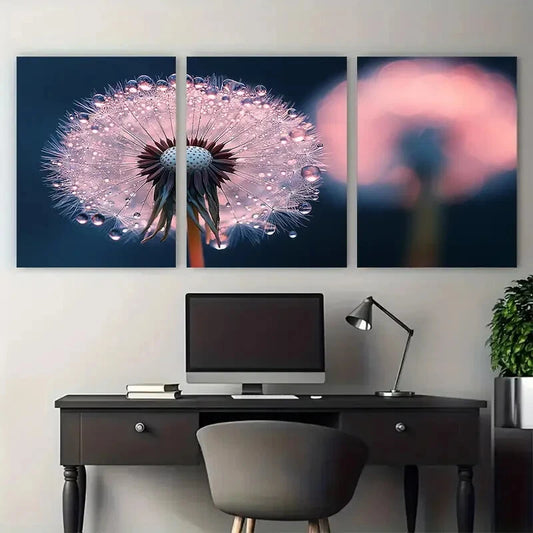 3pcs Delicate Dandelion Dew Macro Nature Design Metal Print Ready to Hang Art