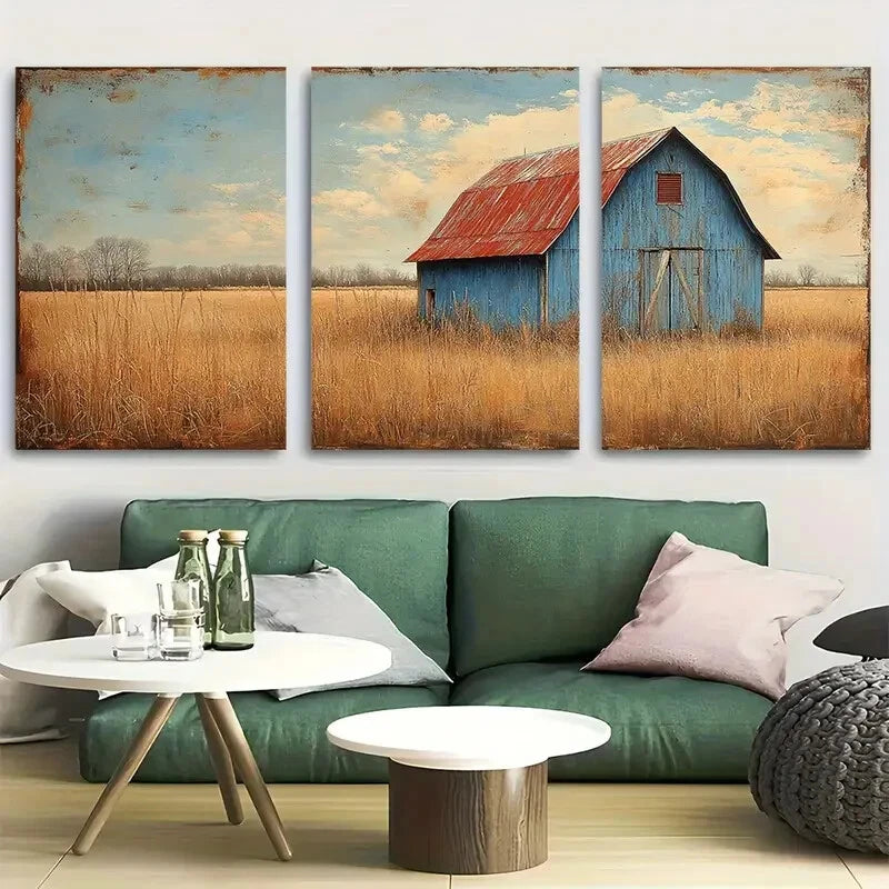 3pcs Rustic Blue Barn in Countryside Metal Print Ready to Hang Art
