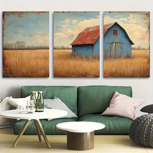 3pcs Rustic Blue Barn in Countryside Metal Print Ready to Hang Art