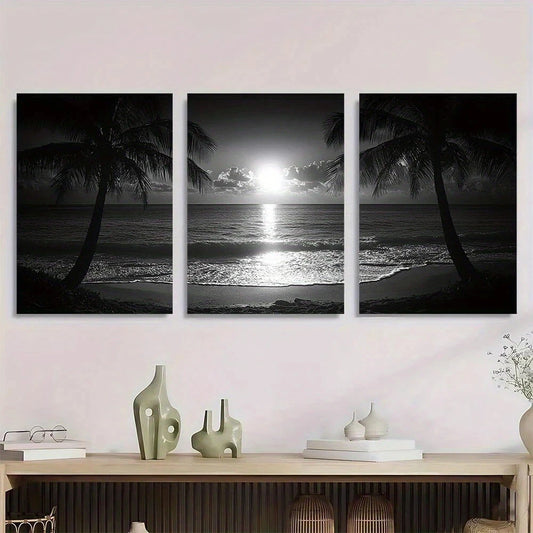 3pcs Black and White Ocean Beach Metal Print Ready to Hang Art