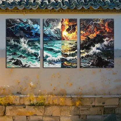3pcs Ocean Waves Destruction and Rebirth Theme Metal Print Ready to Hang Art