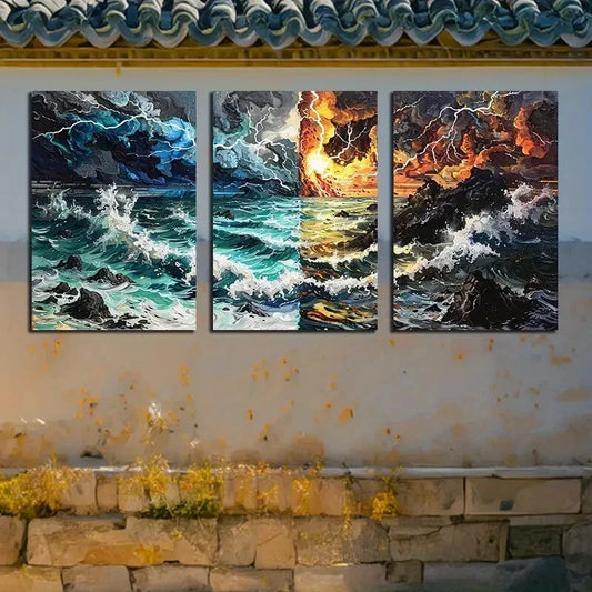 3pcs Ocean Waves Destruction and Rebirth Theme Metal Print Ready to Hang Art