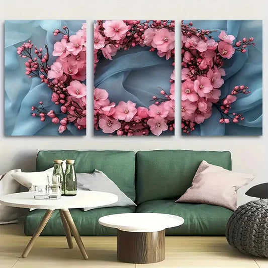 3pcs Cherry Blossom Wreath Light Pink Floral Metal Print Ready to Hang Art