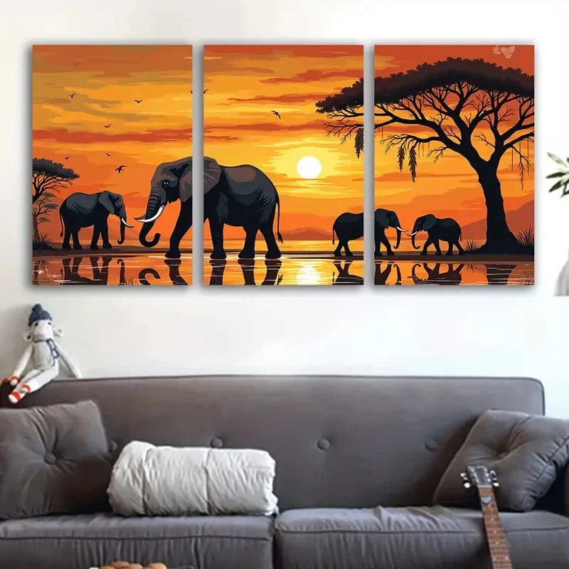 3pcs Elephants Acacia Trees & Golden Sky Metal Print Ready to Hang Art