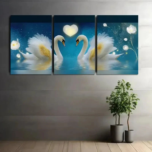 3pcs Dreamy Romantic Swans with Golden Wings Metal Print Ready to Hang Art