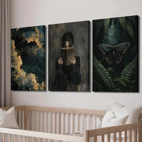 3pcs Dark Female Reading Moth & Botanical Decor Wall Art Set Canvas Unframed - High Quality Print 100% Australian Made Wall Canvas