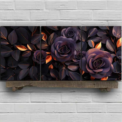 3pcs Purple Roses Golden Leaves Metal Print Ready to Hang Art