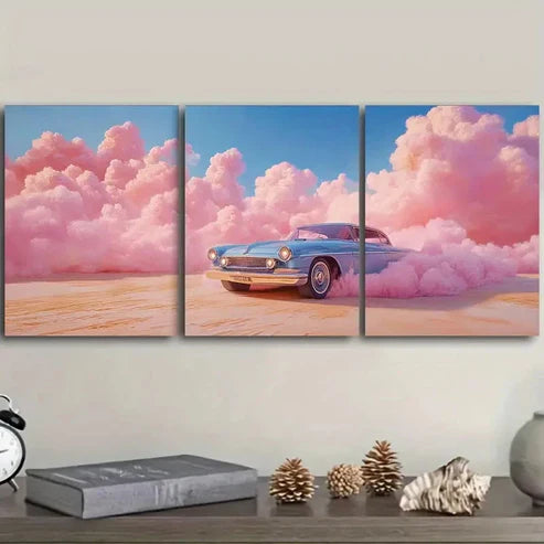 3pcs The car was driving in the pink desert Wall Art Set Canvas Unframed – High Quality Print 100% Australian Made Wall Canvas