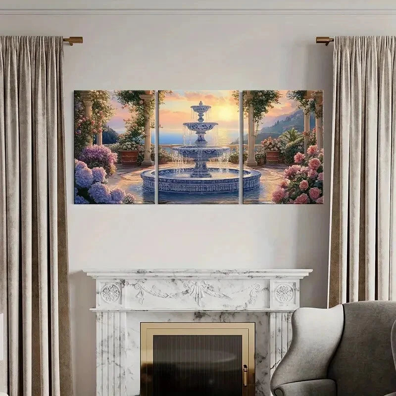 3pcs Sunset Fountain Garden Flowers Fancy Metal Print Ready to Hang Art