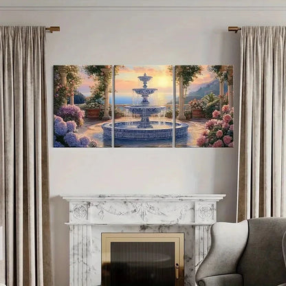 3pcs Sunset Fountain Garden Flowers Fancy Metal Print Ready to Hang Art